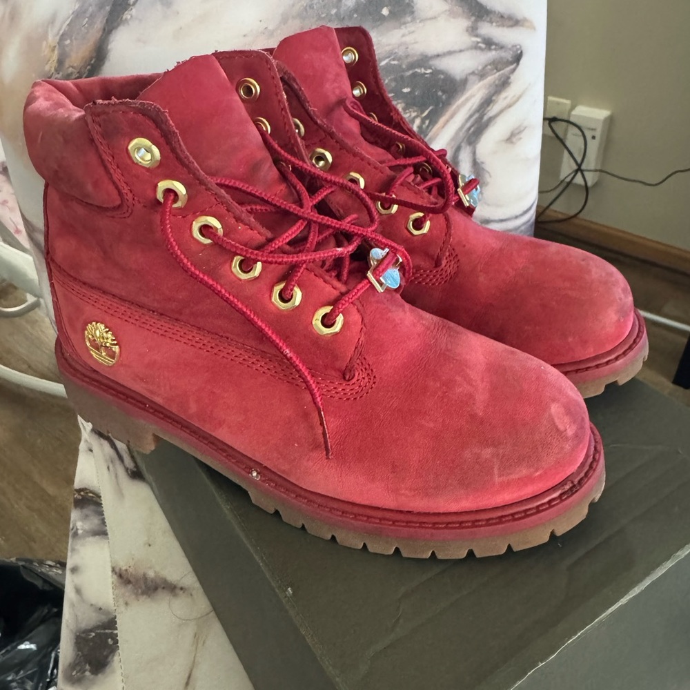 Timberland Red Boots with Gold Accents